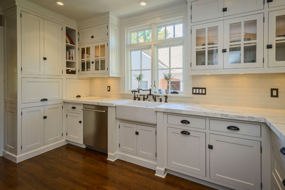 Enclosed kitchen - mid-sized craftsman galley enclosed kitchen idea in San Francisco with beaded inset cabinets