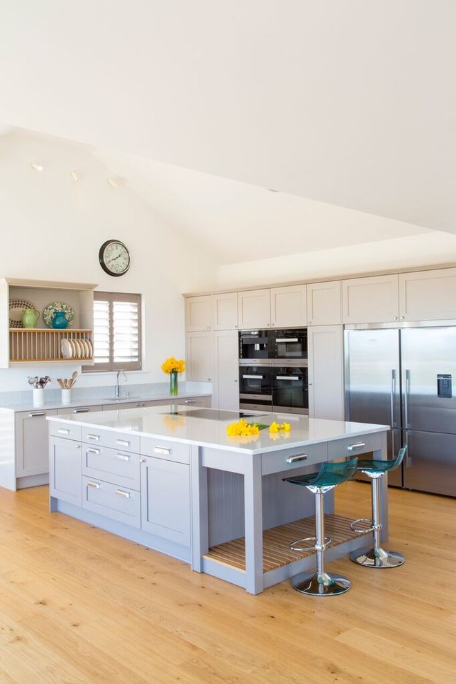 Kitchen - coastal kitchen idea in Cornwall with shaker cabinets, gray cabinets and quartzite countertops
