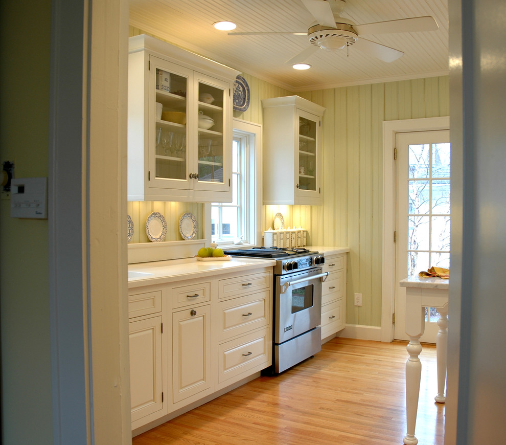 Medium sized beach style galley enclosed kitchen in Indianapolis with a submerged sink, raised-panel cabinets, white cabinets, stainless steel appliances, light hardwood flooring, quartz worktops and an island.