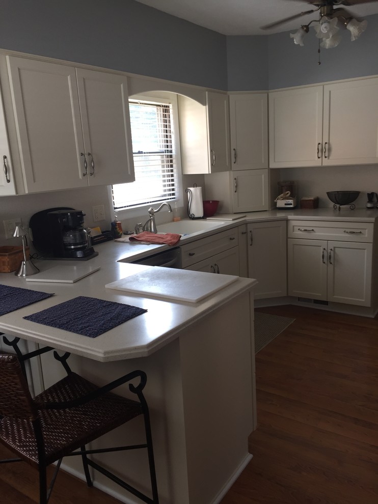 Example of a mid-sized transitional u-shaped dark wood floor kitchen design in Other with an integrated sink, shaker cabinets, white cabinets, solid surface countertops, white backsplash and stainless steel appliances