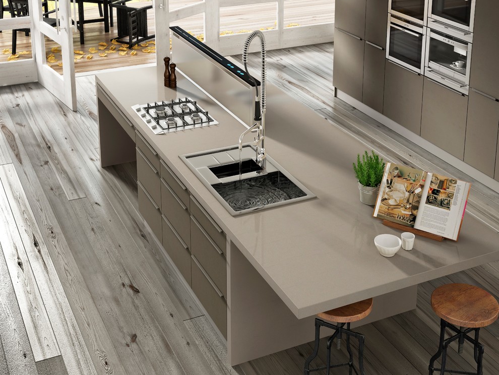 Mid-sized minimalist galley painted wood floor kitchen photo in Baltimore with a drop-in sink, flat-panel cabinets, brown cabinets, quartzite countertops and an island
