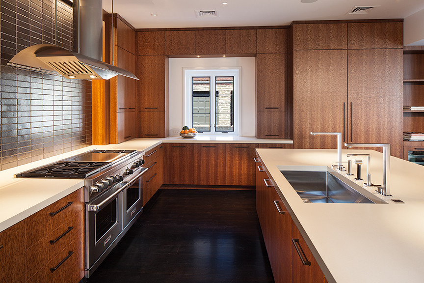 Große Moderne Küche mit Betonarbeitsplatte und Kücheninsel in Philadelphia