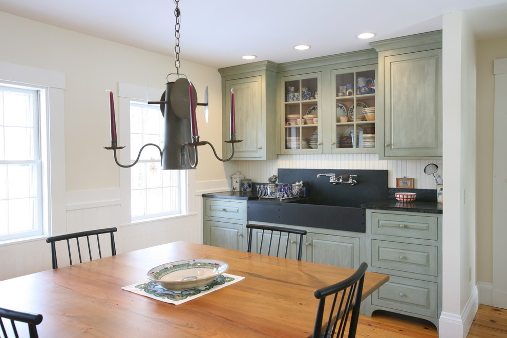 Inspiration for a timeless kitchen remodel in Other with raised-panel cabinets, a single-bowl sink and green cabinets