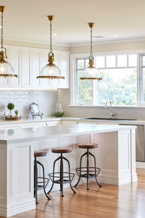 Antique Elegance: Off-White Modern Farmhouse Kitchen Cabinets and Lighting Fixtures