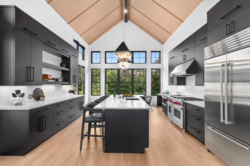 Contemporary Kitchen Inspirations: Black Modern Cabinets and Quartz Countertop
