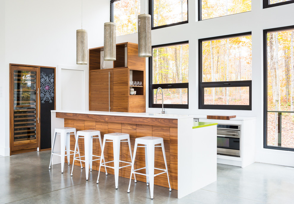 Idee per una cucina design con ante lisce, ante in legno chiaro, elettrodomestici da incasso e pavimento in cemento