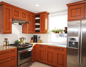 Foto på ett litet, avskilt amerikanskt l-kök, med en nedsänkt diskho, luckor med upphöjd panel, skåp i mellenmörkt trä, marmorbänkskiva, vitt stänkskydd, stänkskydd i porslinskakel, rostfria vitvaror och linoleumgolv