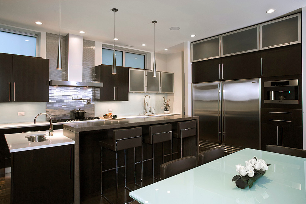 Design ideas for a contemporary kitchen in Chicago with flat-panel cabinets.