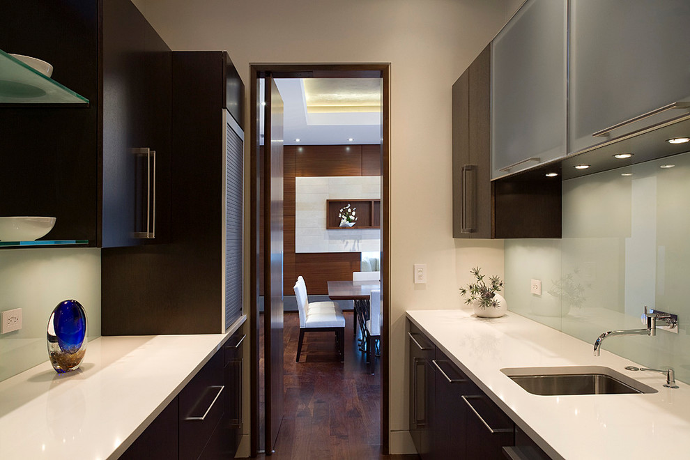シカゴにあるコンテンポラリースタイルのおしゃれなII型キッチン (アンダーカウンターシンク、フラットパネル扉のキャビネット、濃色木目調キャビネット、ガラス板のキッチンパネル) の写真