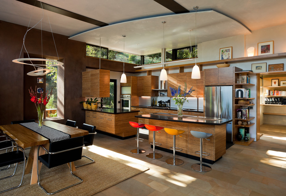 На фото: параллельная кухня в современном стиле с плоскими фасадами, темными деревянными фасадами, техникой из нержавеющей стали и островом с