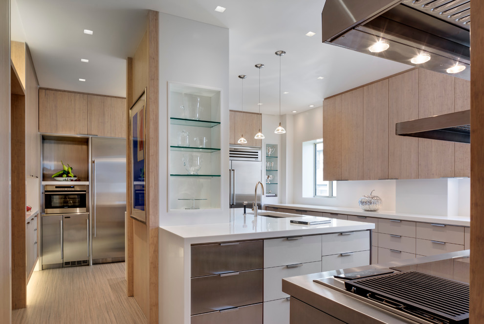 Large minimalist kitchen pantry photo in New York with an undermount sink, flat-panel cabinets, solid surface countertops, stainless steel appliances and an island