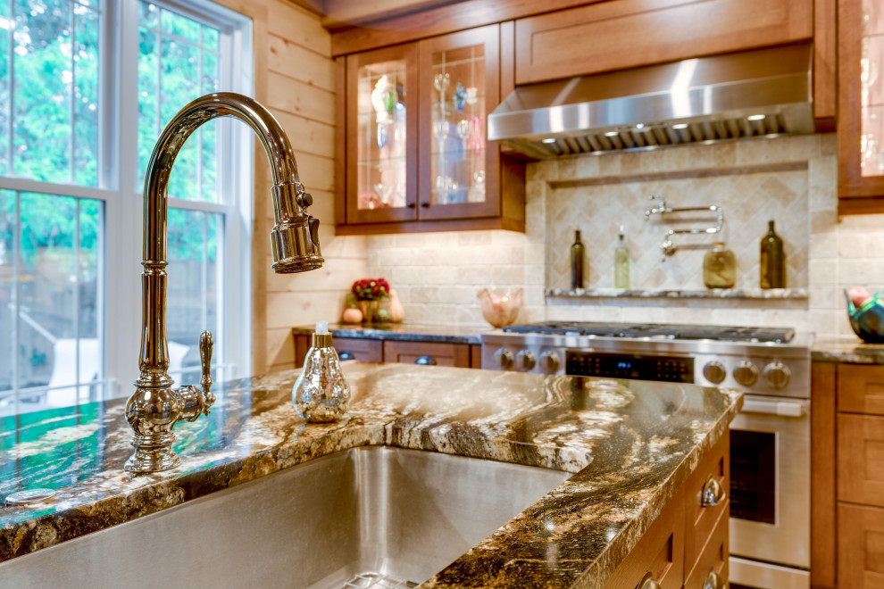 Inspiration for a large craftsman enclosed kitchen remodel in DC Metro with an undermount sink, shaker cabinets, granite countertops and an island