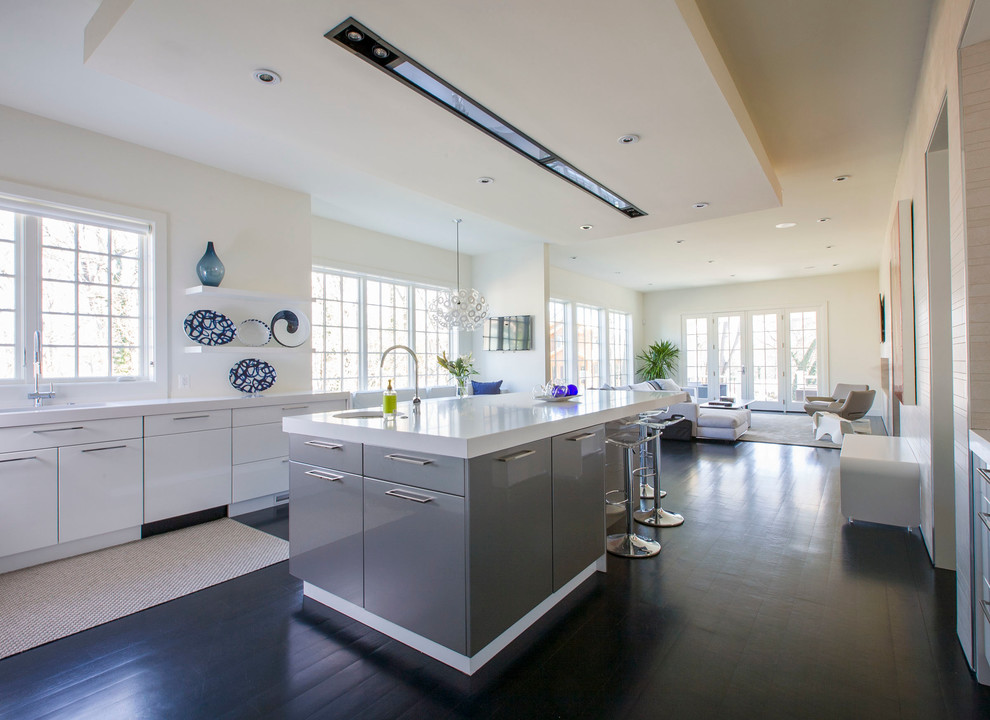 Eat-in kitchen - large modern u-shaped dark wood floor eat-in kitchen idea in DC Metro with a double-bowl sink, flat-panel cabinets, white cabinets, quartz countertops, white backsplash, glass sheet backsplash, stainless steel appliances and an island