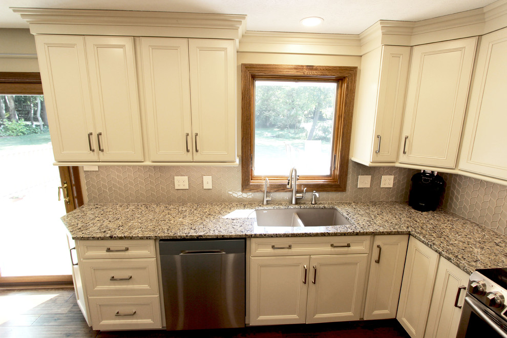 Cream Kitchen with Green Island with Butcher Block Countertop ...