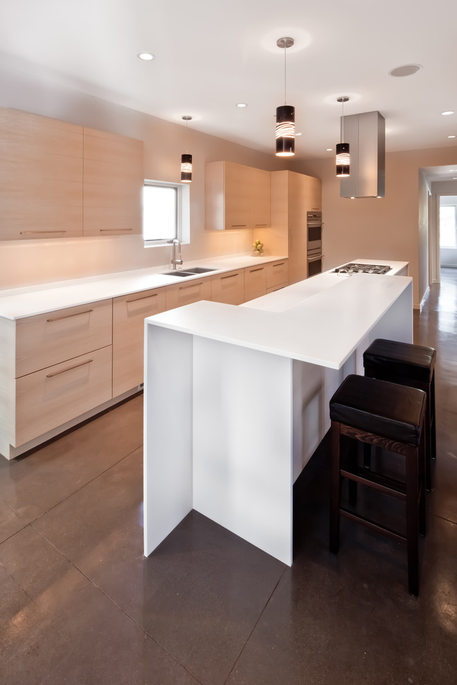 Example of a minimalist galley enclosed kitchen design in Minneapolis with an undermount sink, flat-panel cabinets and light wood cabinets