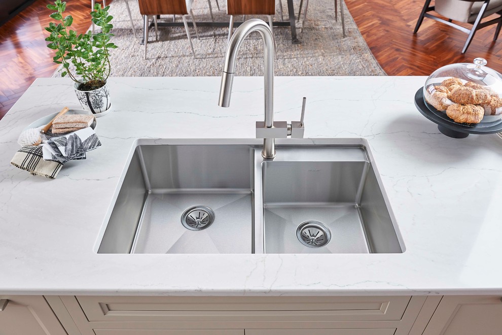 Crosstown Stainless Steel Offset Double Bowl Undermount Sink With Water Deck Modern Kitchen Chicago By Elkay - Double Undermount Sink White Crosstown Stainless Steel Offset Double Bowl Undermount Sink With Water Deck Modern Kitchen Chicago By Elkay - Double Undermount Sink White