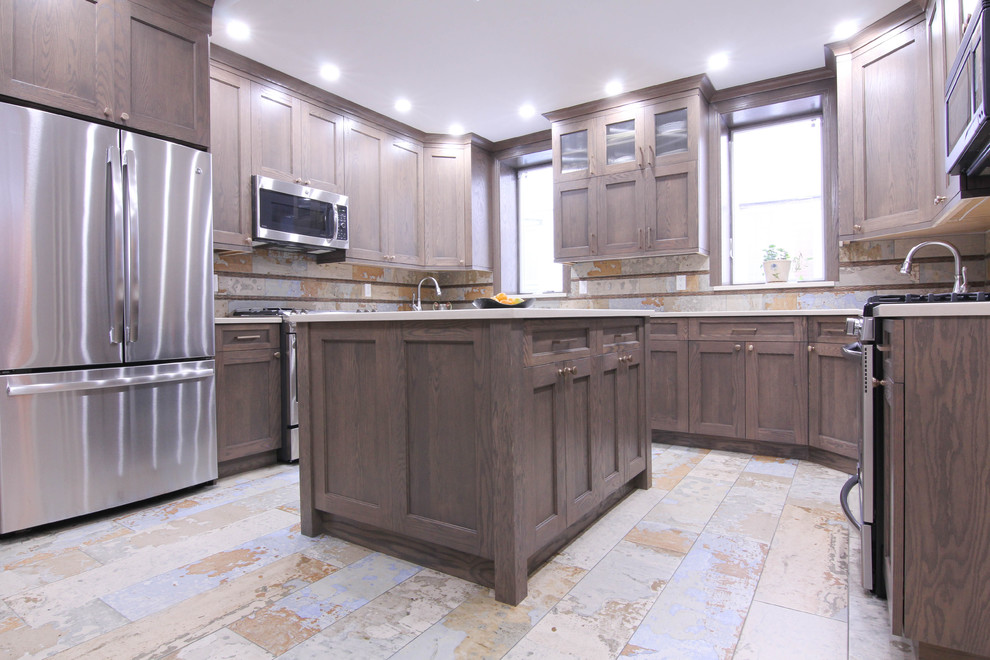 Example of a large mountain style u-shaped porcelain tile eat-in kitchen design in New York with an undermount sink, shaker cabinets, brown cabinets, quartzite countertops, multicolored backsplash, porcelain backsplash, stainless steel appliances and an island