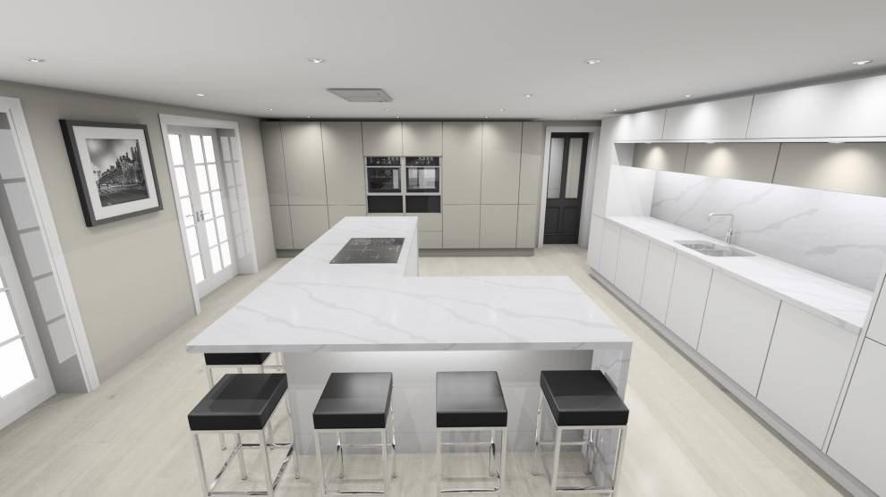 Eat-in kitchen - large modern porcelain tile and yellow floor eat-in kitchen idea in Cardiff with an integrated sink, flat-panel cabinets, white cabinets, quartz countertops, black appliances, an island and white countertops