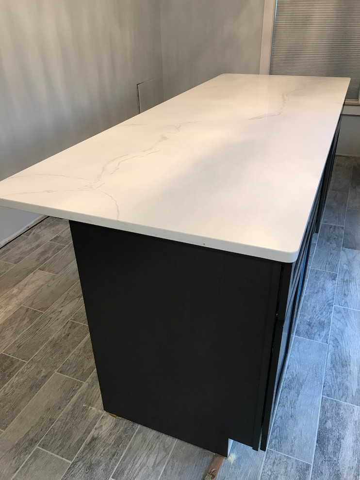 Medium sized contemporary kitchen in Grand Rapids with a submerged sink, shaker cabinets, black cabinets, quartz worktops, vinyl flooring, an island and grey floors.