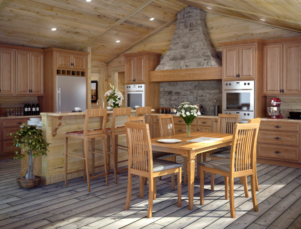 Large mountain style l-shaped light wood floor and gray floor eat-in kitchen photo in Other with raised-panel cabinets, light wood cabinets, brown backsplash, wood backsplash, stainless steel appliances, an island and beige countertops
