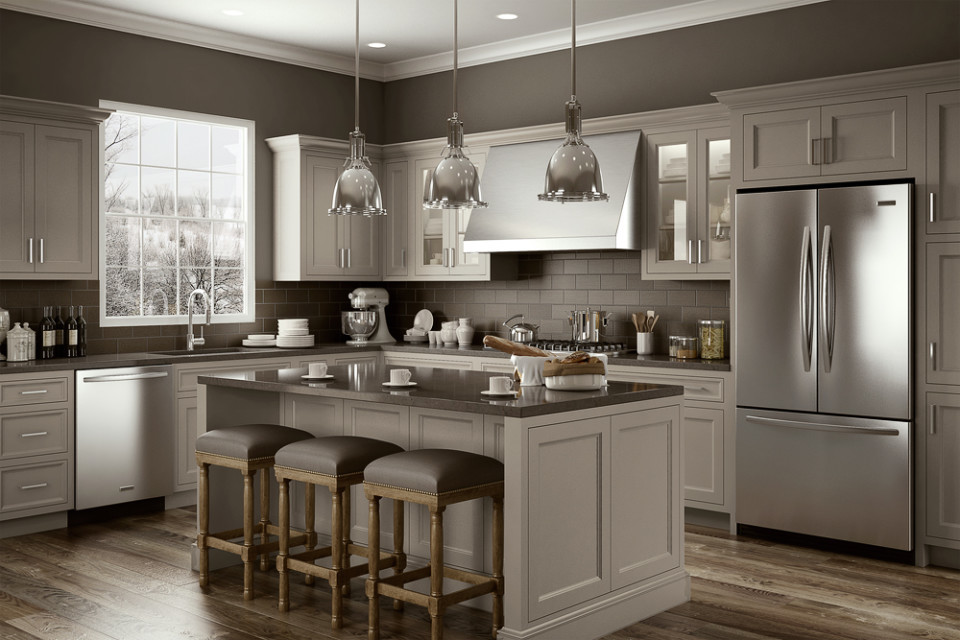 Example of a mid-sized minimalist l-shaped medium tone wood floor and brown floor eat-in kitchen design in Other with an undermount sink, recessed-panel cabinets, gray cabinets, quartz countertops, gray backsplash, porcelain backsplash, stainless steel appliances, an island and gray countertops