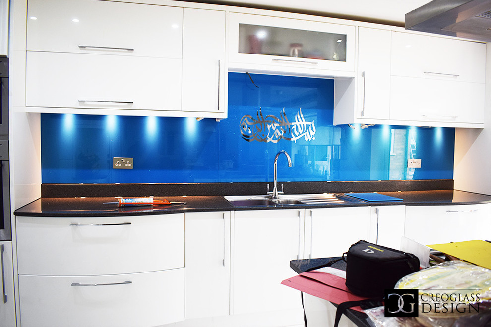 Custom Arabic Stencil Design Glass Splashback Modern Kitchen