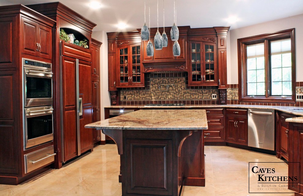Large elegant u-shaped ceramic tile eat-in kitchen photo in New York with an undermount sink, beaded inset cabinets, dark wood cabinets, granite countertops, multicolored backsplash, mosaic tile backsplash, stainless steel appliances and an island