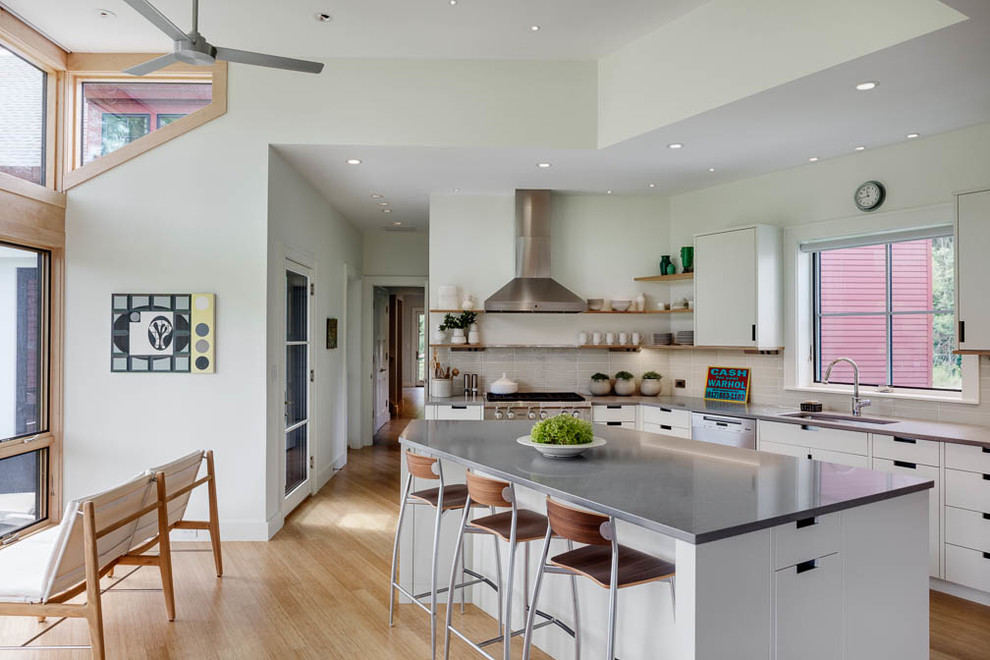 Moderne Wohnküche mit Unterbauwaschbecken, flächenbündigen Schrankfronten, weißen Schränken, Küchenrückwand in Grau, Küchengeräten aus Edelstahl, braunem Holzboden, Kücheninsel und braunem Boden in Boston