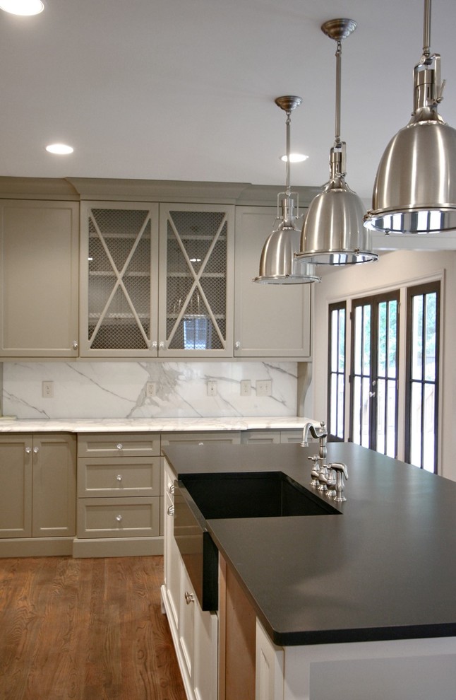 Inspiration for a contemporary kitchen remodel in Atlanta with a farmhouse sink, marble countertops and marble backsplash