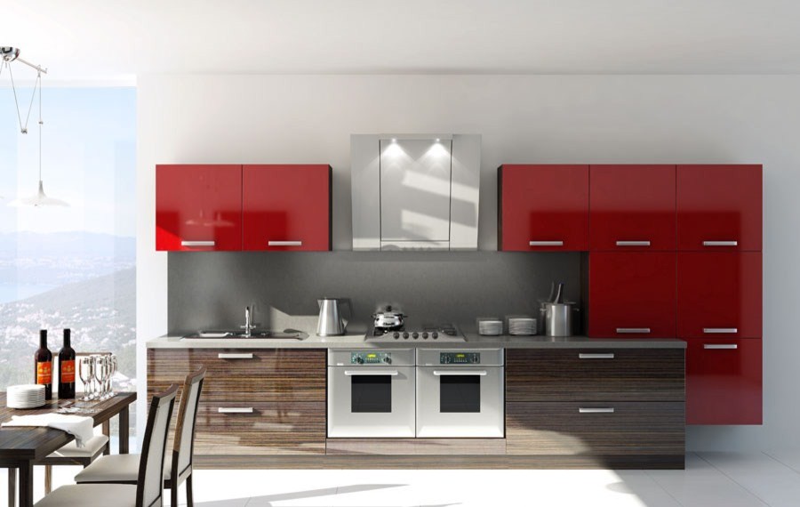 Exempel på ett litet modernt linjärt kök och matrum, med en enkel diskho, släta luckor, röda skåp, laminatbänkskiva, grått stänkskydd, rostfria vitvaror och klinkergolv i keramik