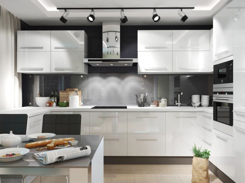Eat-in kitchen - small modern u-shaped ceramic tile eat-in kitchen idea in Miami with a single-bowl sink, flat-panel cabinets, white cabinets, quartz countertops, black backsplash, glass sheet backsplash, stainless steel appliances and no island