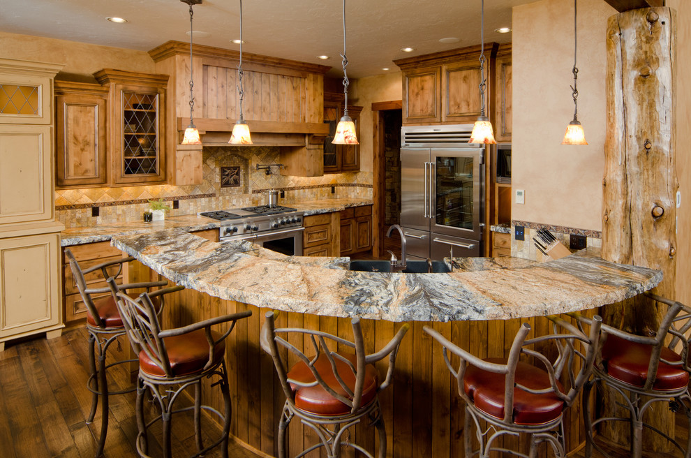 Inspiration for a large rustic u-shaped dark wood floor and brown floor open concept kitchen remodel in Other with recessed-panel cabinets, stainless steel appliances, an undermount sink, granite countertops, multicolored backsplash, stone tile backsplash, a peninsula, medium tone wood cabinets and gray countertops
