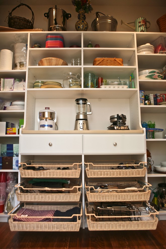 Design ideas for a traditional kitchen pantry in Boston with open cabinets.