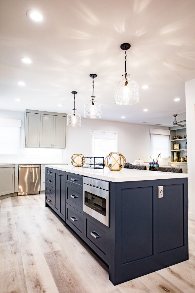 Custom Transitional Gray and Navy Blue Kitchen and Island