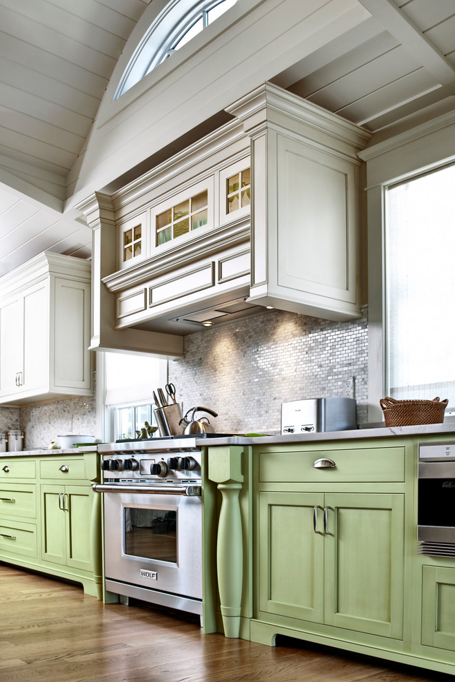 Inspiration for a timeless kitchen remodel in Philadelphia with green cabinets and stainless steel appliances