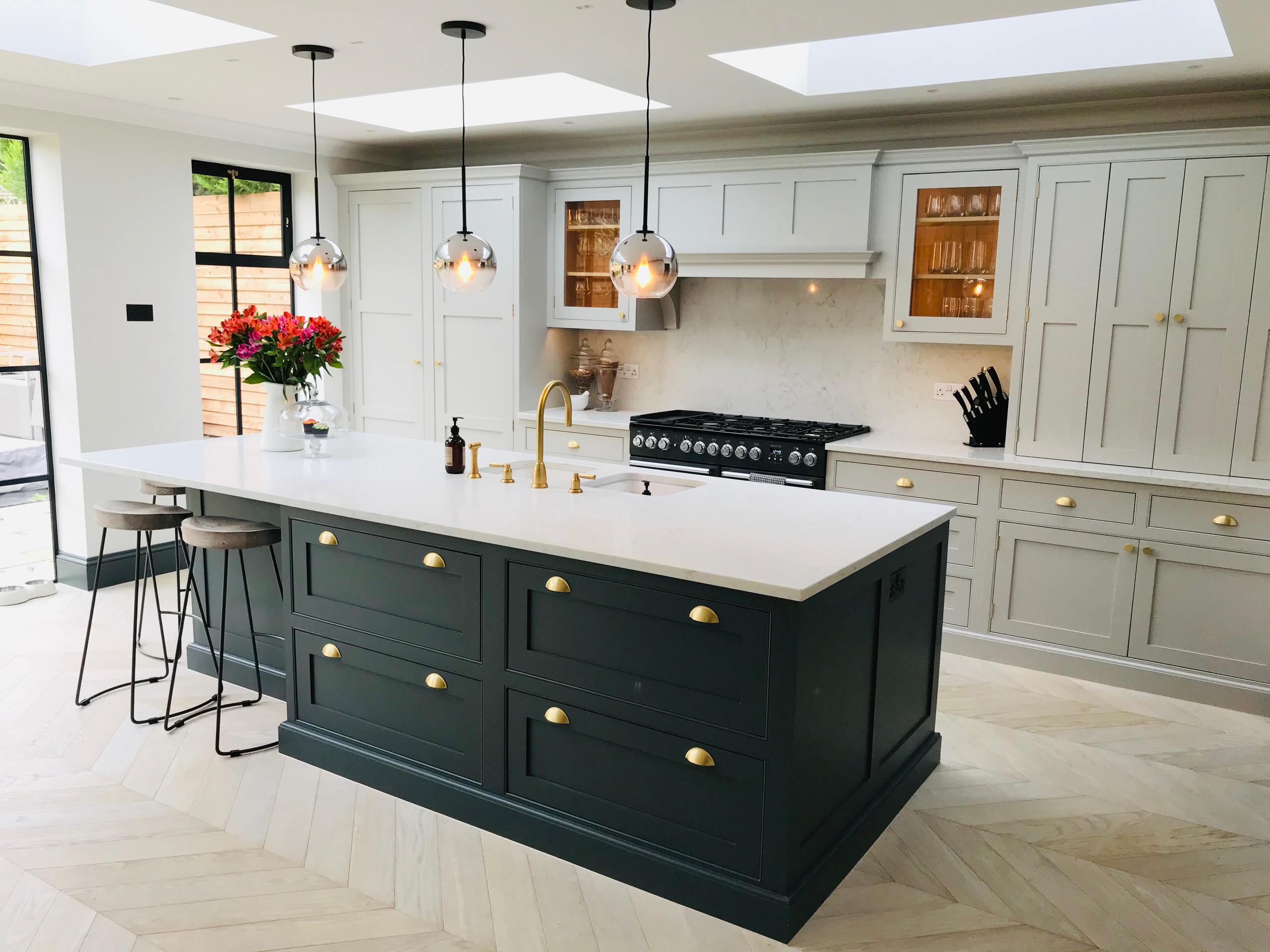 Dark Green Kitchen Island With White Worktops Built In Sink And Gold Fittings Traditional Kitchen Surrey By Handmade Kitchens Of Christchurch Houzz