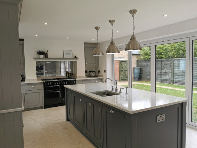 Dark grey hand painted kitchen with white worktops and chrome fixings -  Traditional - Kitchen - Surrey - by Handmade Kitchens of Christchurch |  Houzz UK