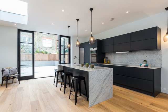 Dark Grey Modern Kitchen With Marble Effect Worktops Modern Kitchen London By Cast By The London Joinery Co Houzz