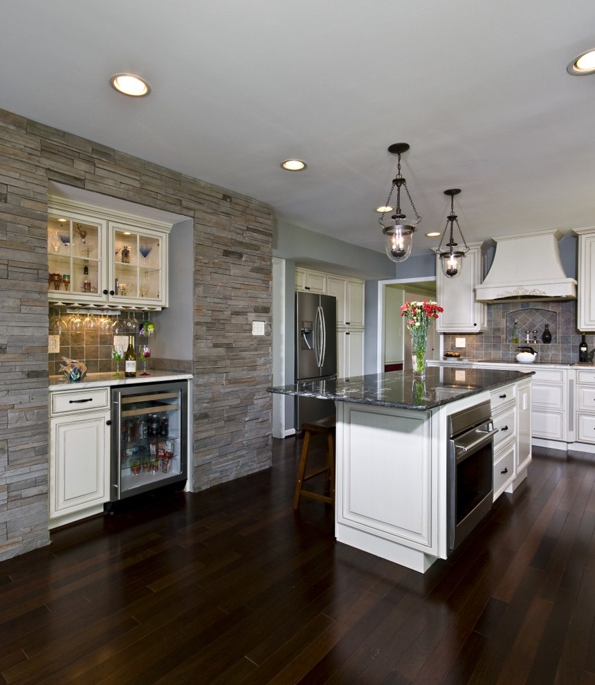 Dark Mahogany Wood Floor, Stone Wall, Bench Seat Bring Kitchen to Life