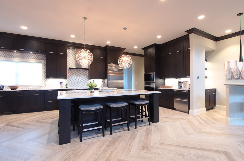 Dark Stained in Kitchen with Herringbone Wood Floors