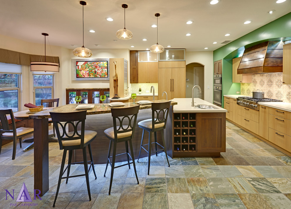 Example of a trendy u-shaped open concept kitchen design in Sacramento with a double-bowl sink, shaker cabinets, dark wood cabinets, quartz countertops, beige backsplash, terra-cotta backsplash and paneled appliances