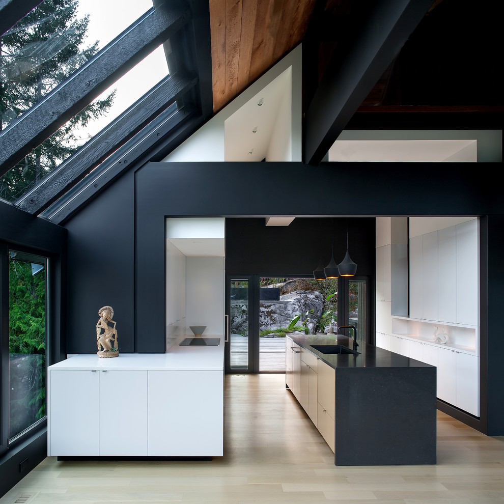 На фото: кухня в стиле модернизм с плоскими фасадами, островом и черно-белыми фасадами