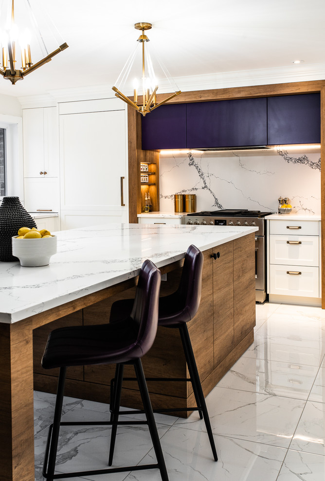 Example of a huge trendy u-shaped porcelain tile and white floor eat-in kitchen design in Montreal with a double-bowl sink, shaker cabinets, white cabinets, quartz countertops, white backsplash, stone slab backsplash, paneled appliances, an island and white countertops