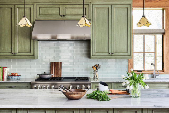 Distressed Green Cabinets Bring Weathered Charm To A New Kitchen