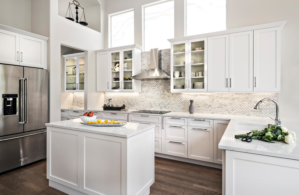 Inspiration for a coastal u-shaped dark wood floor and brown floor kitchen remodel in Miami with an undermount sink, glass-front cabinets, white cabinets, multicolored backsplash, stainless steel appliances, an island and white countertops