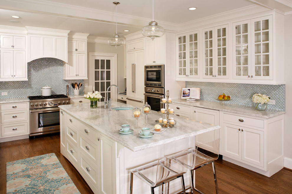 This is an example of a traditional grey and cream kitchen in DC Metro with quartz worktops.