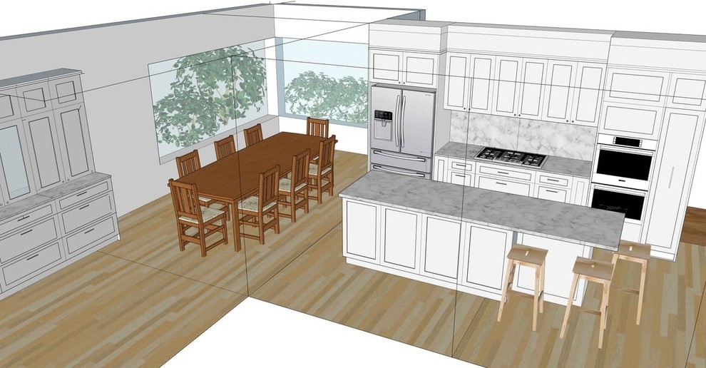 Exempel på ett mellanstort klassiskt vit linjärt vitt kök med öppen planlösning, med skåp i shakerstil, vita skåp, granitbänkskiva, grått stänkskydd, stänkskydd i marmor, svarta vitvaror, mellanmörkt trägolv, en köksö och brunt golv
