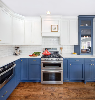 blue kitchen cabinets and white kitchen cabinets together