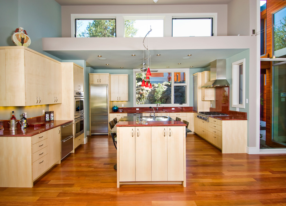 Пример оригинального дизайна: кухня-гостиная в стиле модернизм с гранитной столешницей и красной столешницей