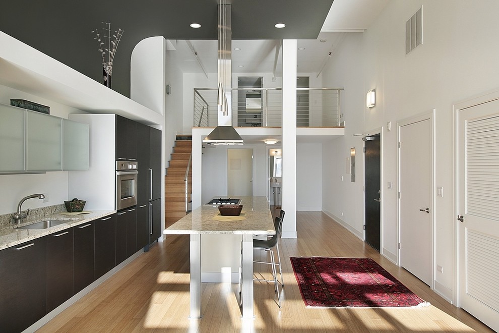 Пример оригинального дизайна: параллельная кухня в современном стиле с плоскими фасадами, одинарной мойкой, темными деревянными фасадами и техникой из нержавеющей стали